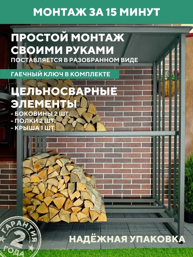 Дровница уличная с крышей металлическая 1500х800х2000, серый