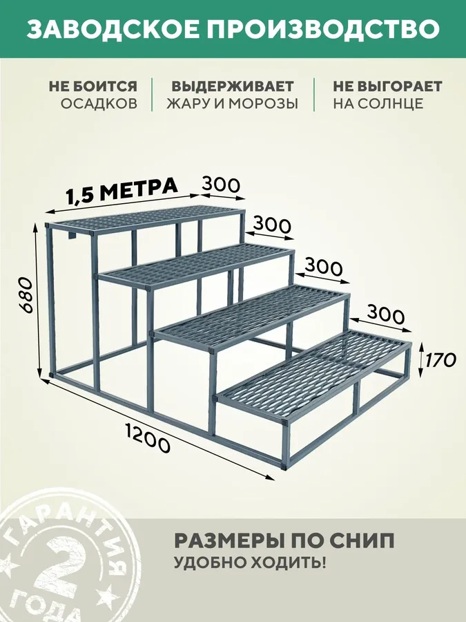 Крыльцо к дому 1500 мм ПВЛ серый с 4 ступенями