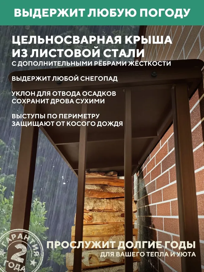 Дровница уличная металлическая с крышей. 1500х500х2000, коричневый