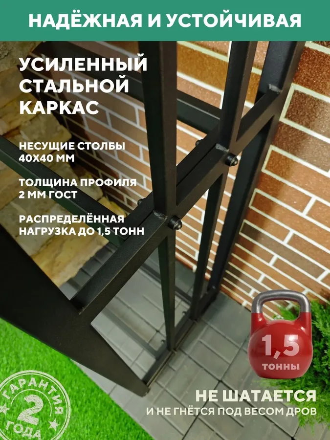 Дровница уличная металлическая с крышей. 1500х500х2000, черный