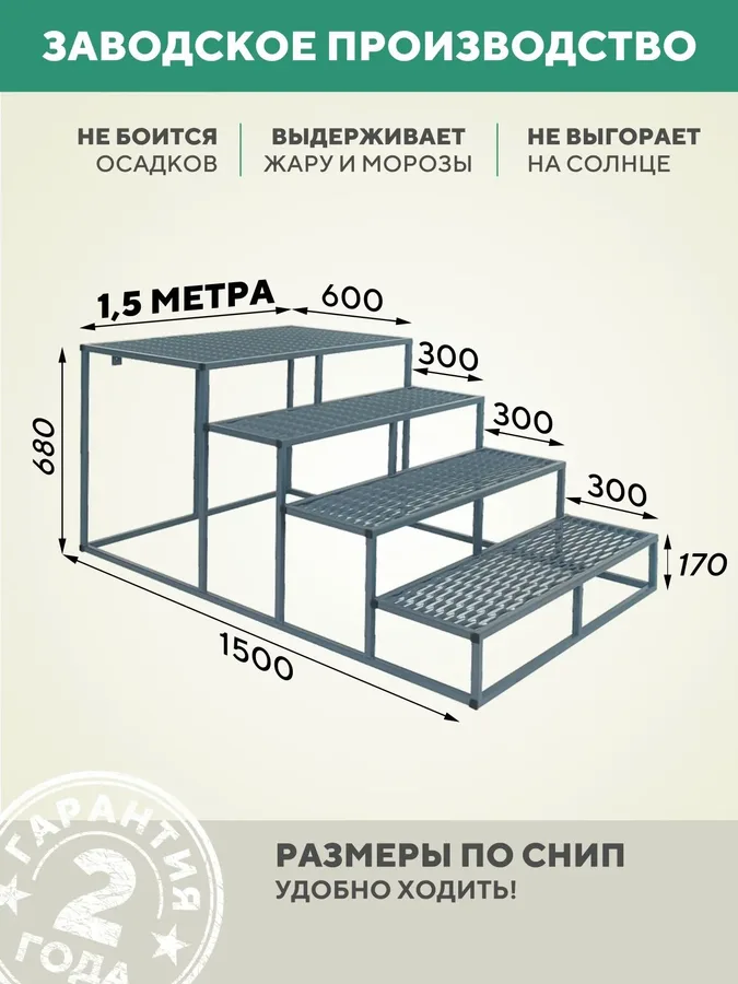 Ступени для крыльца 4 ступени 1500 мм ПВЛ серый