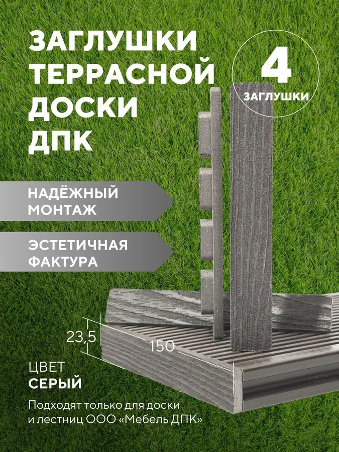 Заглушка террасной доски ДПК Серая, комплект 4 штуки
