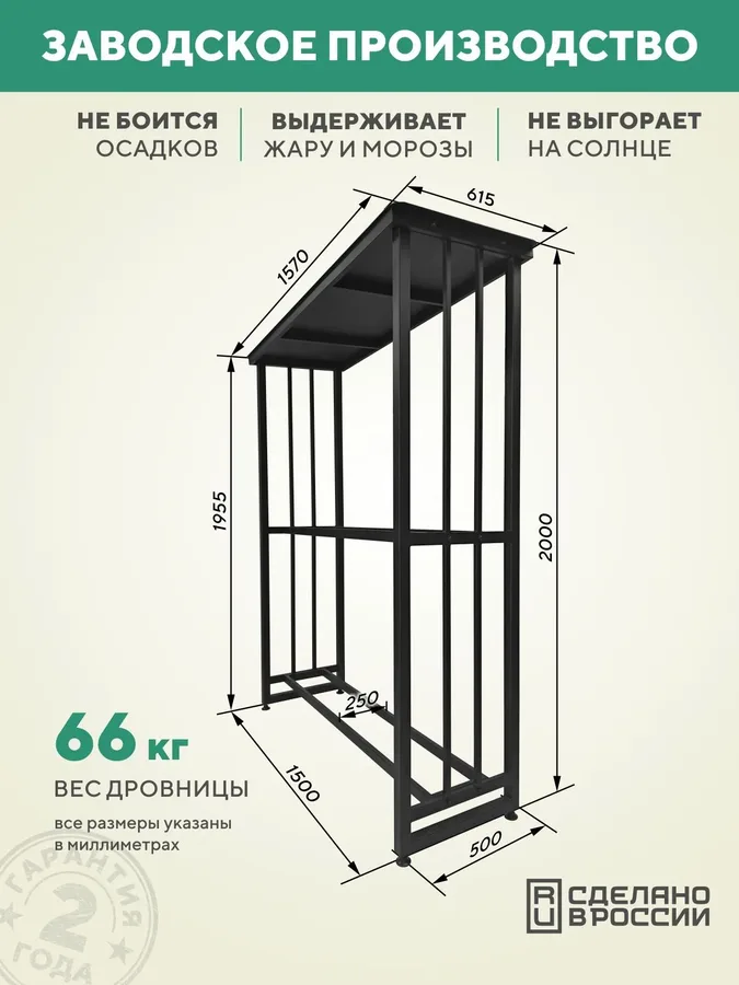 Дровница уличная металлическая с крышей. 1500х500х2000, черный