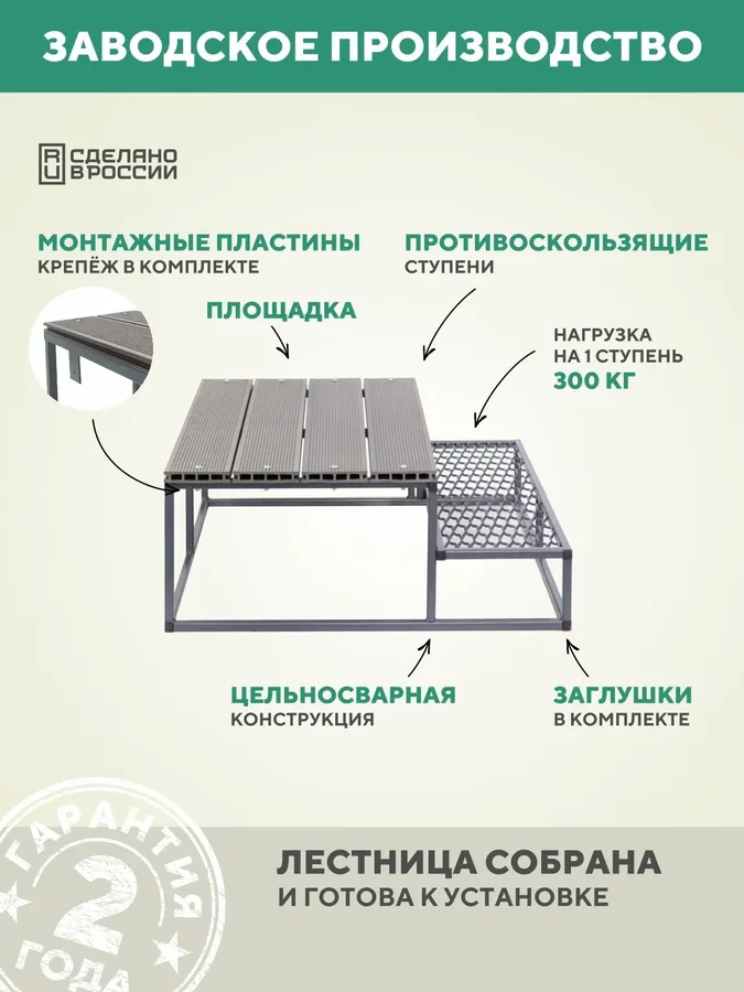 Крыльцо 2 ступени 1000 мм ДПК Серый с ПВЛ ступенями