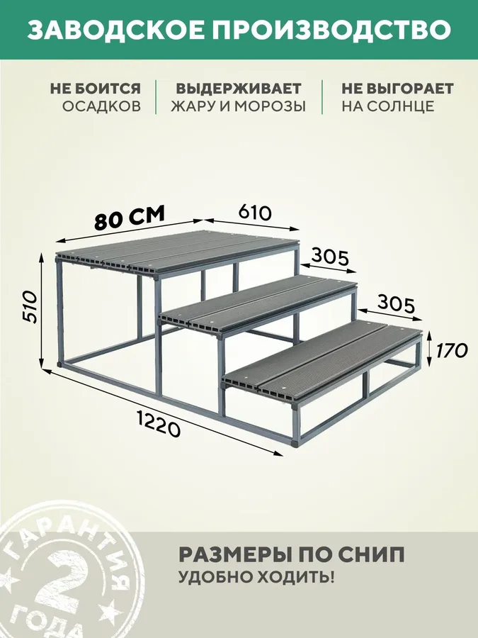 Металлоконструкция Лестница для крыльца 3 ступени 800 мм ДПК Серый