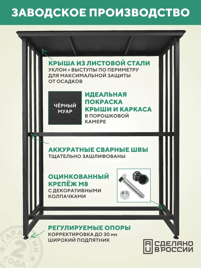 Дровница уличная металлическая с крышей. 1500х500х2000, черный