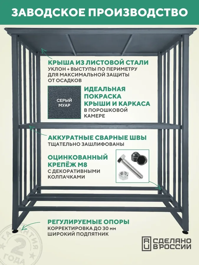 Дровница уличная с крышей металлическая 1500х800х2000, серый