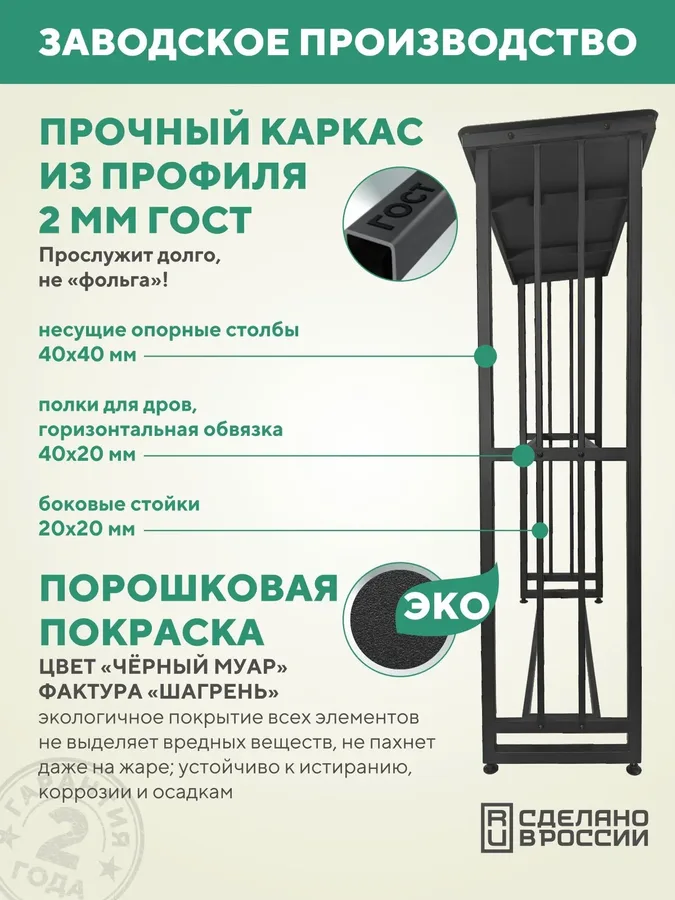 Дровница уличная металлическая с крышей. 1500х500х2000, черный