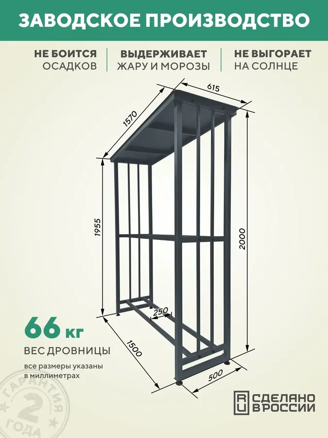Дровница уличная металлическая с крышей. 1500х500х2000, серый