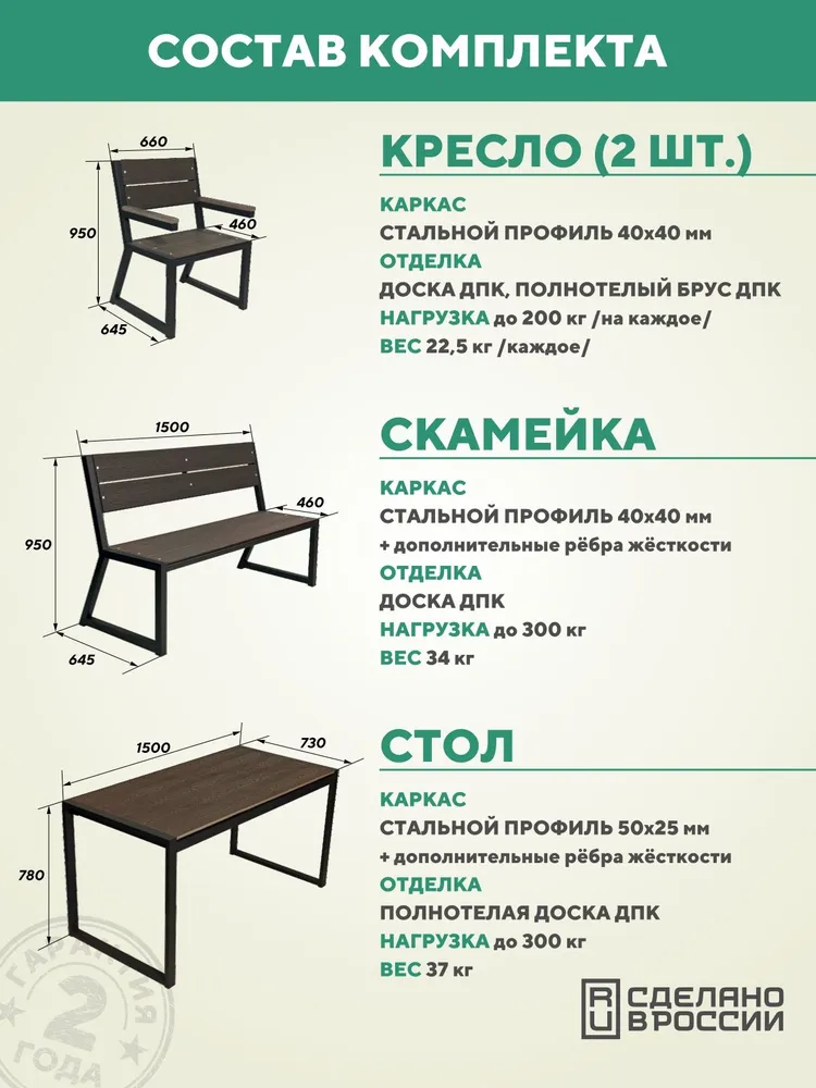 Садовая мебель комплект Симфония для дачи металлическая уличная, цвет Венге