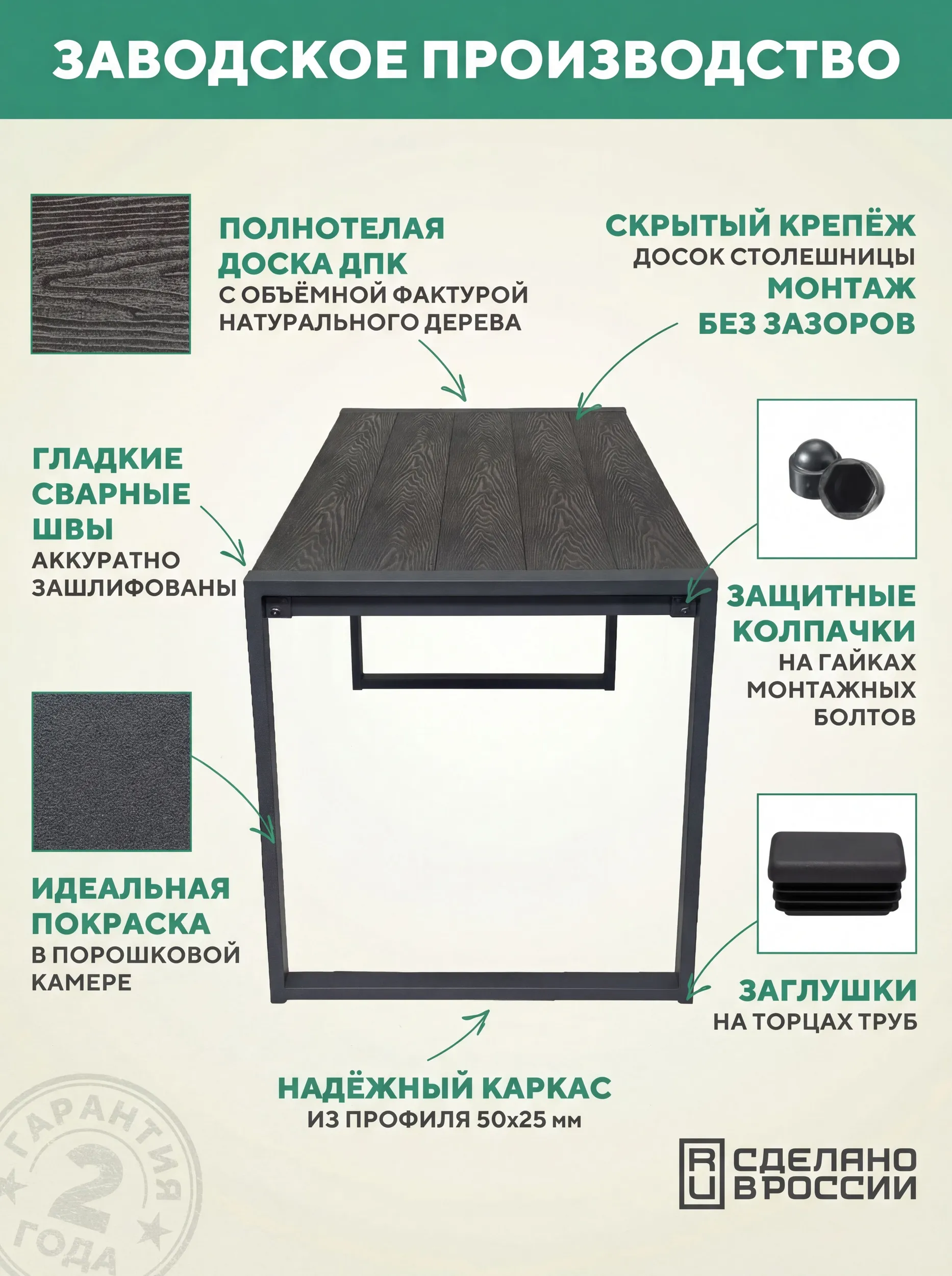 Стол металлический, уличный, из ДПК Соната 1500х730Х780