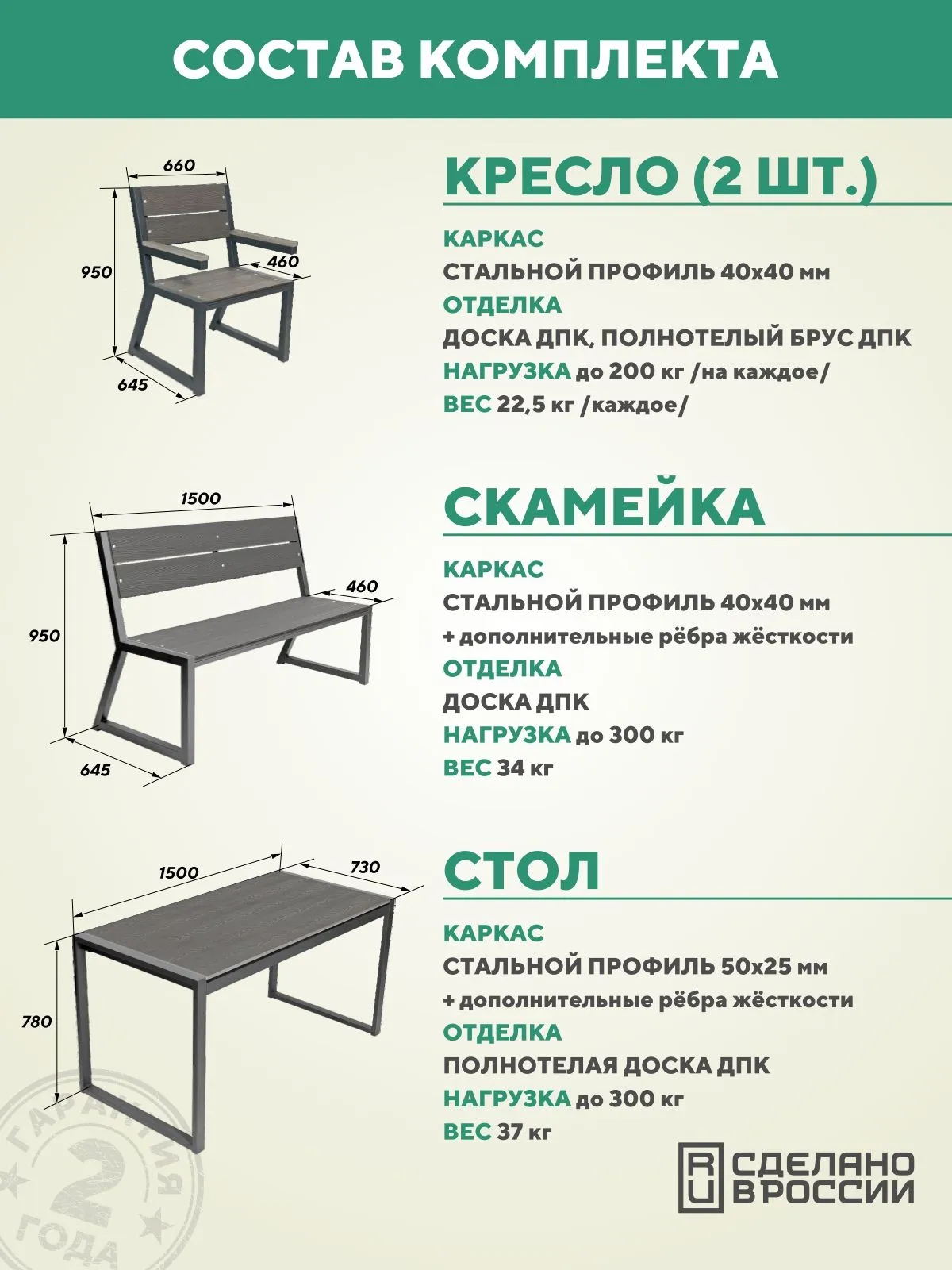 Садовая мебель комплект Симфония для дачи металлическая уличная, цвет Серый