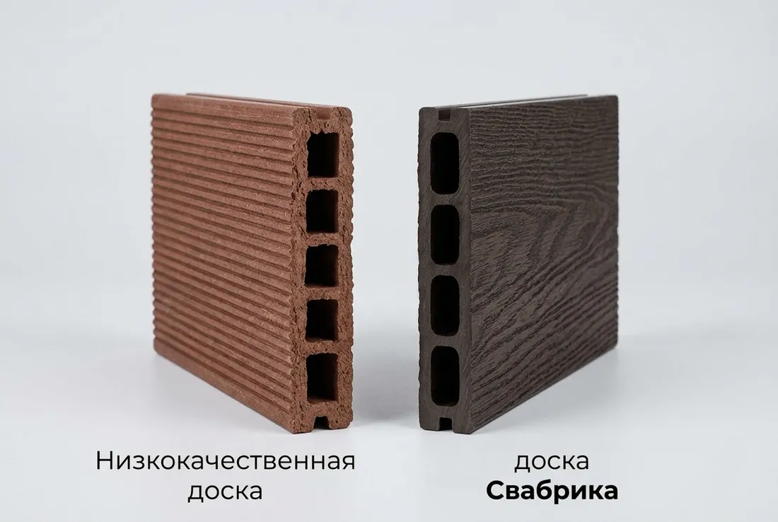 Срез дешёвой и качественной доски ДПК